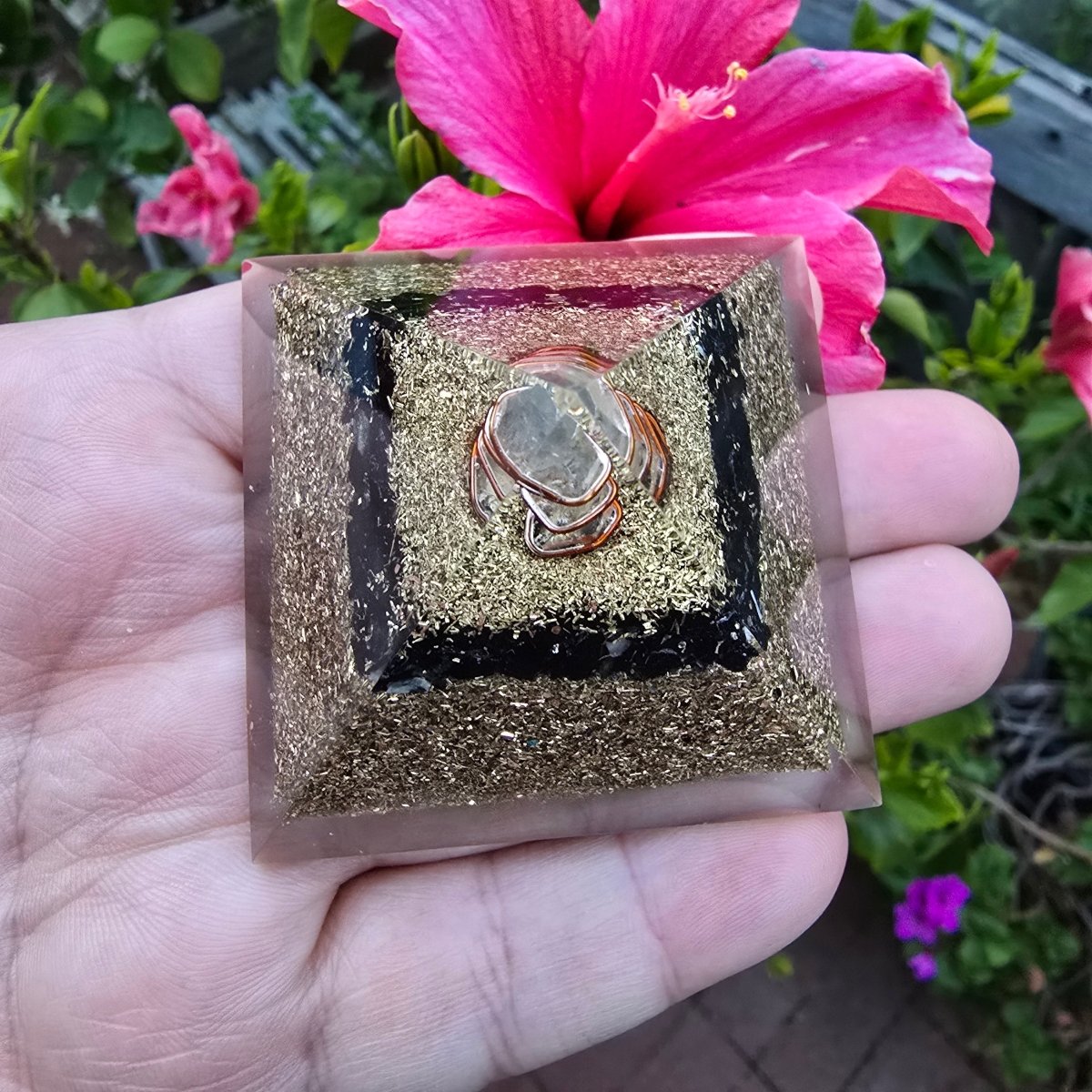 Mini Orgone Brass and Copper Black tourmaline Protection Pyramid - MANDOTOS INTERNATIONAL