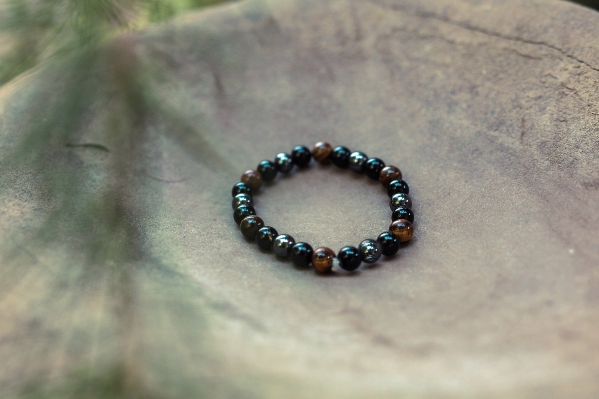 Triple Protection Bracelet WIth Tigers Eye, Hematite, and Obsidian(7.5 inches) - MANDOTOS INTERNATIONAL
