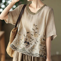 Art Retro Embroidery Top Colored Round Neck Pullover - MANDOTOS