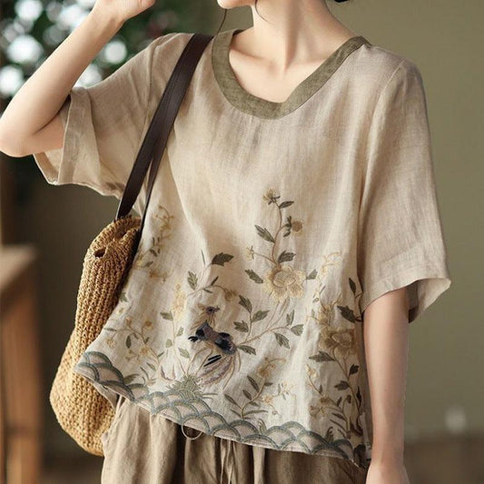 Art Retro Embroidery Top Colored Round Neck Pullover - MANDOTOS