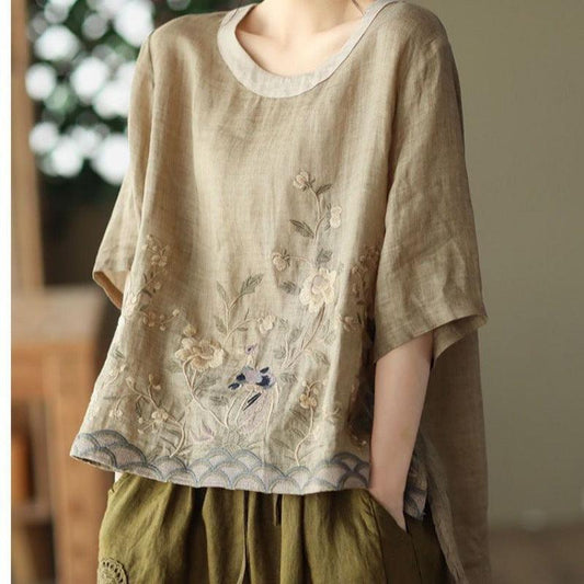 Art Retro Embroidery Top Colored Round Neck Pullover - MANDOTOS