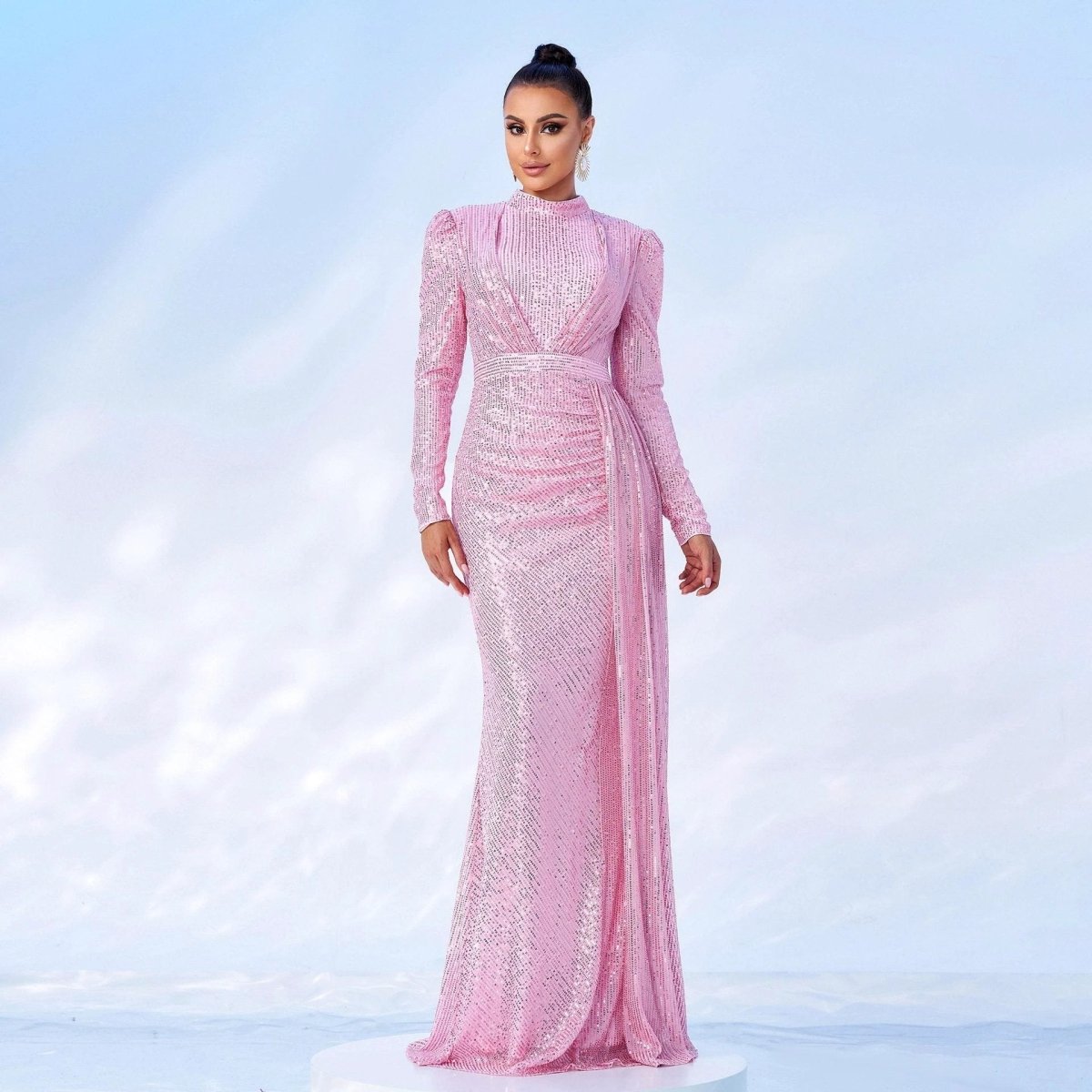 Long Sleeve Round Neck Sexy Slim Long Sequined Banquet Dress MANDOTOS