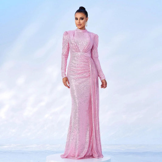 Long Sleeve Round Neck Sexy Slim Long Sequined Banquet Dress MANDOTOS