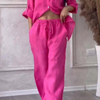 Wide-Leg Pants & Lace-Up Top Two-Piece Set – Solid Color, 12 Colors S–5XL