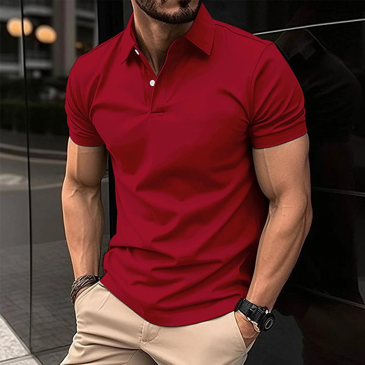 Summer Short Sleeve Polo Shirt Men Solid Color Button Lapel Button Top - MANDOTOS