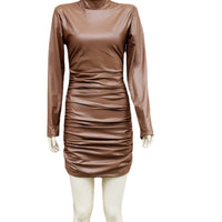 Women's Clothes Faux Leather Long Sleeve Stand Collar Skinny Sheath Sexy Nightclub Dress MANDOTOS
