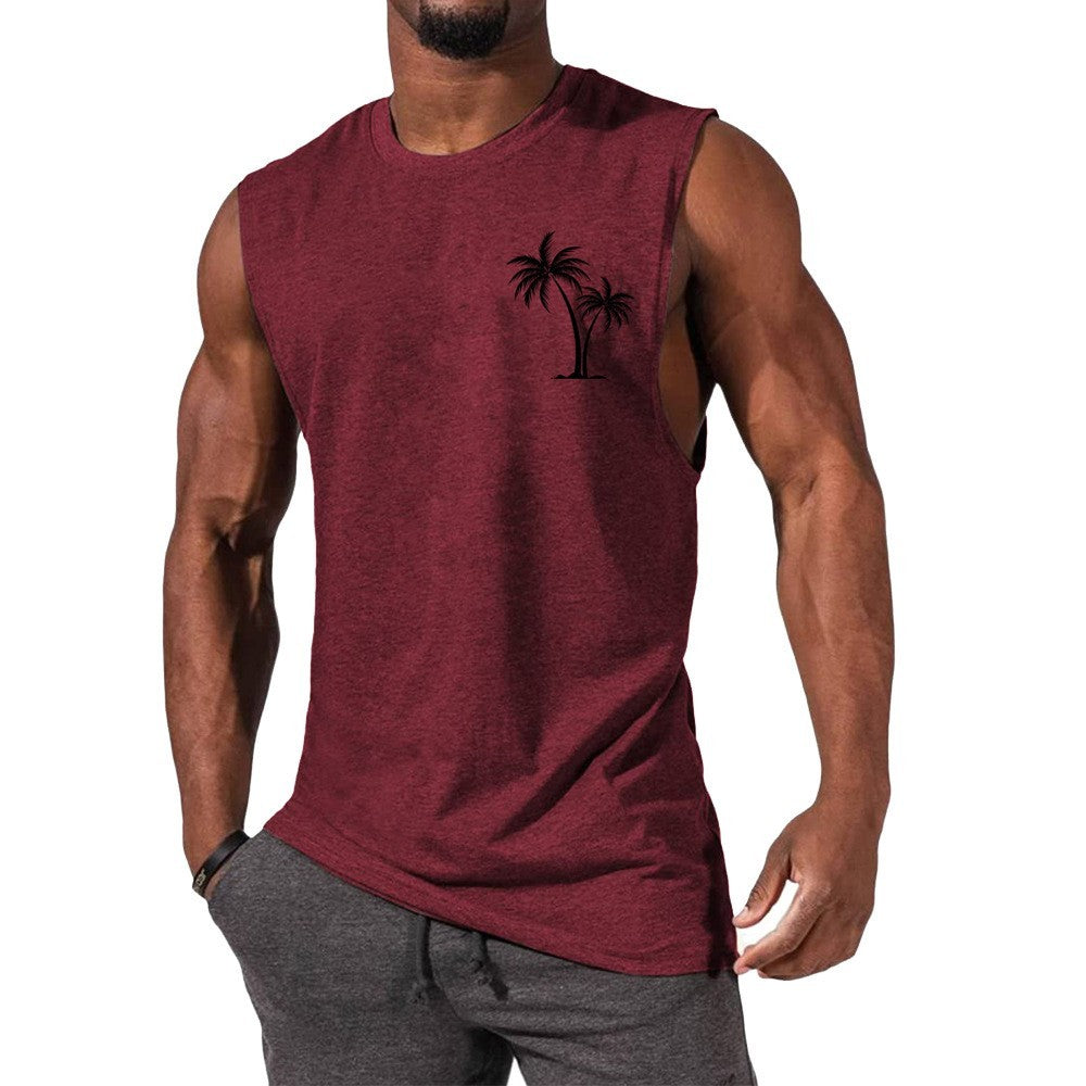 Coconut Tree Embroidery Vest Summer Beach Tank Tops Workout Muscle Men Sports Fitness T-shirt - MANDOTOS