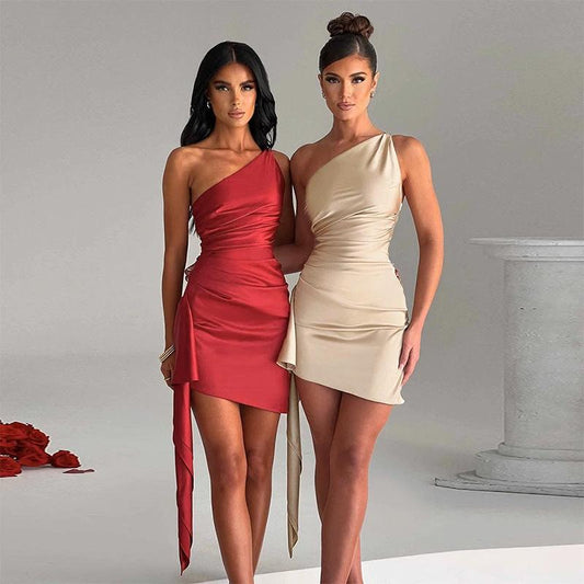 One-shoulder Sleeveless Mini Dress Sexy Slim Backless Skirt Party Wedding Dresses Womens Clothing MANDOTOS
