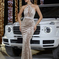Fashion Velvet Halter Sheath Hollow-out Banquet Evening Dress MANDOTOS