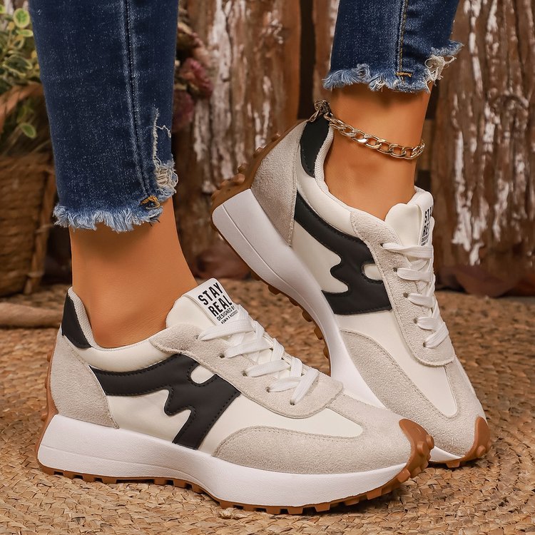 Womens chunky-soled sneakers lace-up casual shoes by Ancient Energy, white and beige with black accents, pair