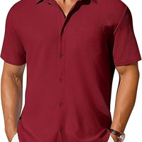 Men's short-sleeve button-up shirt in burgundy, wrinkle-resistant fabric with chest pocket