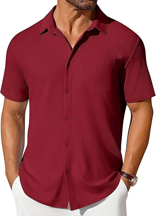 Men's short-sleeve button-up shirt in burgundy, wrinkle-resistant fabric with chest pocket