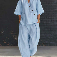 V-Neck Short Sleeve Top & High-Waist Trousers Two-Piece Set