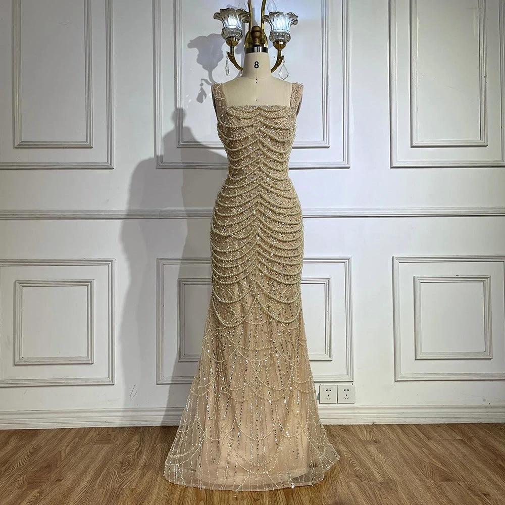 Nude Elegant Sling Light Luxury High-end Pearl Beaded Dress MANDOTOS