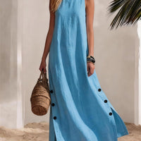 Cotton Linen Sleeveless Midi Dress – Side Slits & Loose Fit