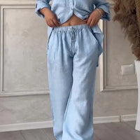 Wide-Leg Pants & Lace-Up Top Two-Piece Set – Solid Color, 12 Colors S–5XL