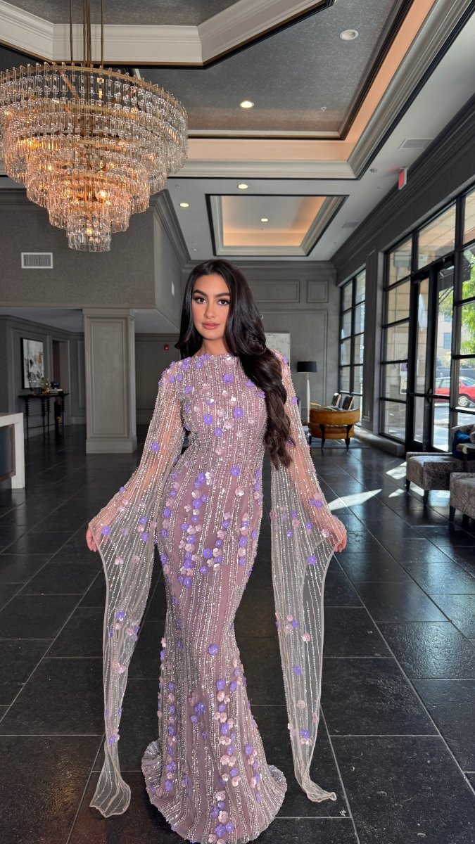 Basima Long Sleeve Floral Sequin Embellished Modest Evening Dress - MANDOTOS INTERNATIONALLong Dress