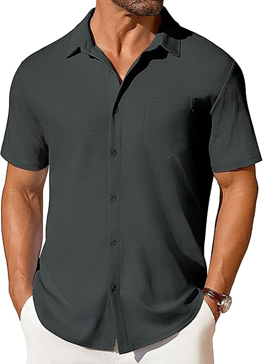 Men's short-sleeve button-up shirt, wrinkle- and crease-resistant, charcoal with chest pocket