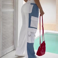 Contrast Pocket Cargo Jeans by Ancient Energy; white and blue color-block cargo pants with multiple pockets.