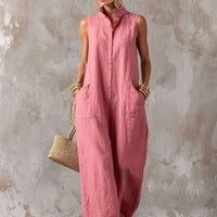 Linen Blend Sleeveless Stand-Collar Jumpsuit – 5 Colors S–3XL