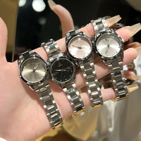 Exquisite Ladies Steel-band Wristwatch set by Ancient Energy; five stainless steel watches in silver, black, and champagne dials.