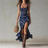 Ruffle Trim Asymmetrical Chiffon Maxi Dress – High Slit & High Waist - MANDOTOS INTERNATIONALDresses