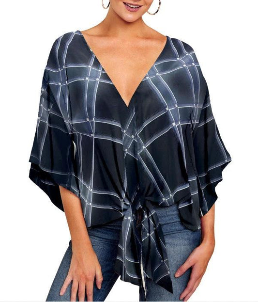 New V Neck Blouse Women Leopard Print Shirts Floral Tie Front Blouses Batwing Summer Oversize Ladies Tops - MANDOTOS INTERNATIONAL0