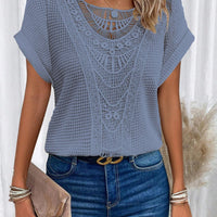 Blue women's summer hollow-out short-sleeved knit top with intricate lace pattern