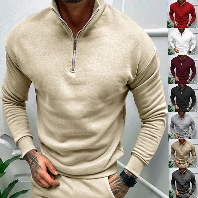 Solid Color Zipper Sweatshirt Men's Autumn And Winter Fleece-lined Long Sleeve Tops - MANDOTOS