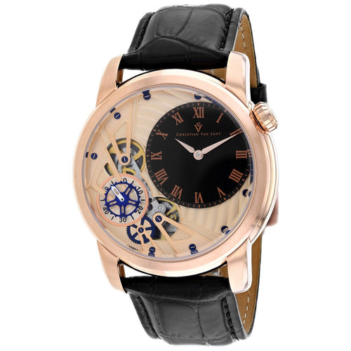 Christian Van Sant men's Sprocket auto-quartz watch with black dial, stainless steel band, and classic design.