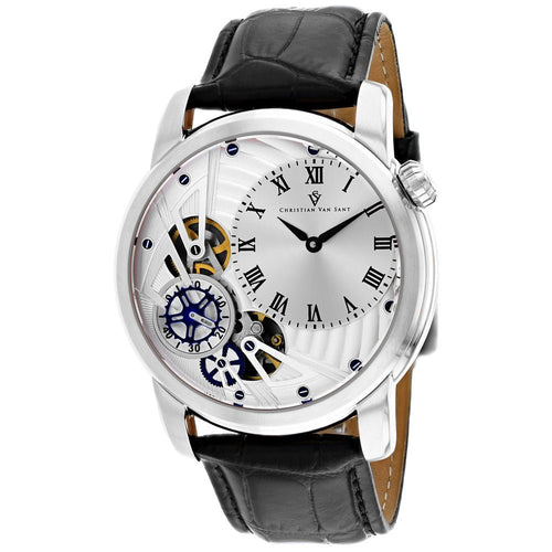 Christian Van Sant men's Sprocket auto-quartz watch with black dial and stainless steel band, classic timepiece for men.