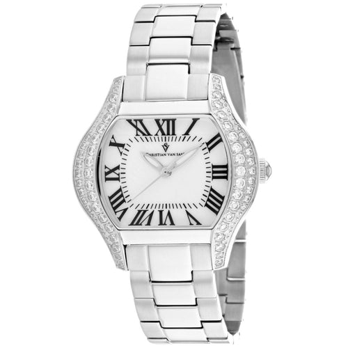 Christian Van Sant Women's Bianca watch with a sleek design and silver-tone strap, displayed on a white background.