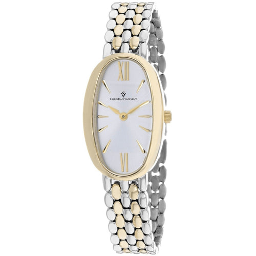 Christian Van Sant Women's Lucia watch with a sleek silver band and minimalist dial, stylishly displayed on a white background.