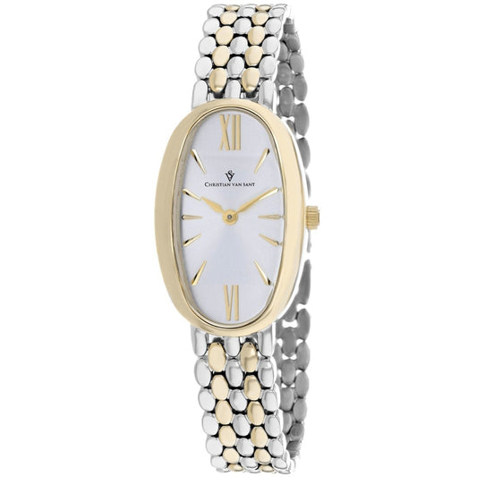Christian Van Sant Women's Lucia watch with a sleek design and silver-tone strap, shown on a model's wrist.