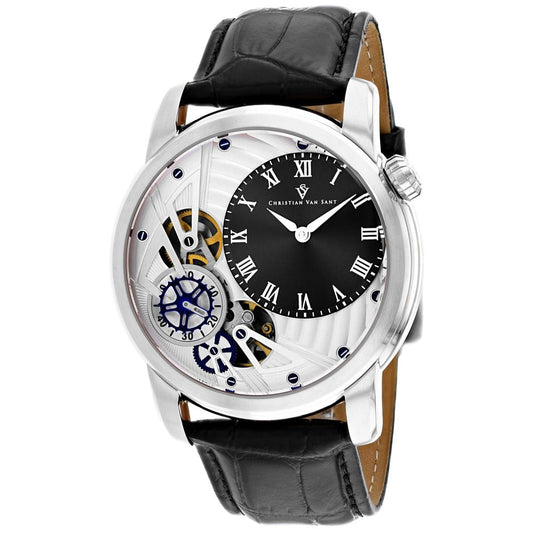 Men's Sprocket Auto-Quartz Watch by Christian Van Sant with stainless steel band and black dial, displayed on a white background.