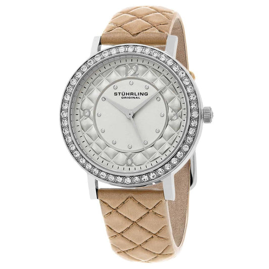 Stuhrling Women's Audrey watch with a sleek silver case and white dial, featuring elegant hour markers and a stylish leather strap.