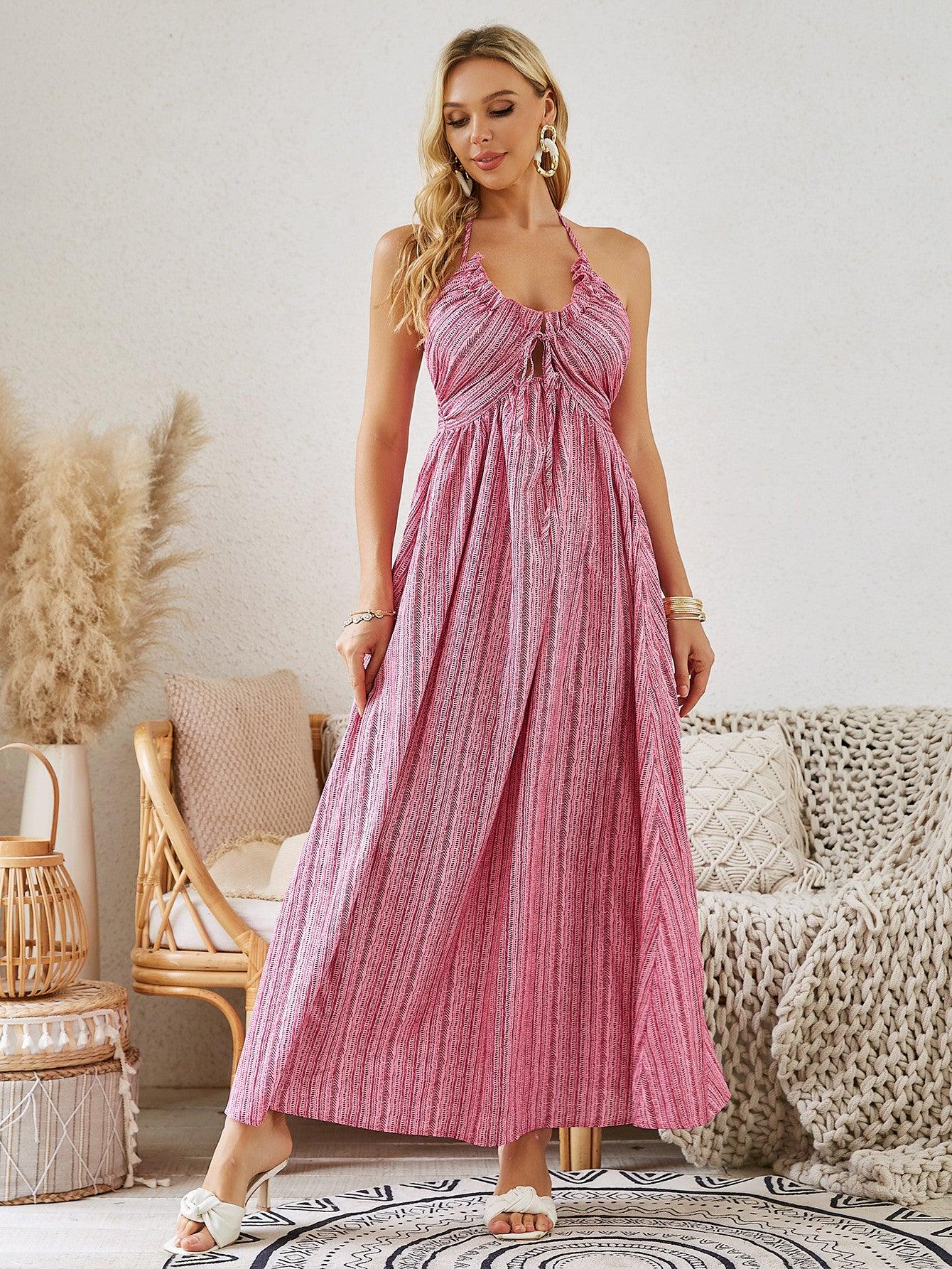 Bohemian Halter Maxi Dress - Women's Summer Sleeveless Flowy Beach Dress - MANDOTOS