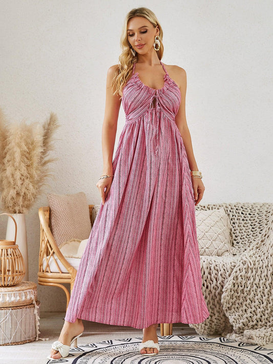 Bohemian Halter Maxi Dress - Women's Summer Sleeveless Flowy Beach Dress - MANDOTOS