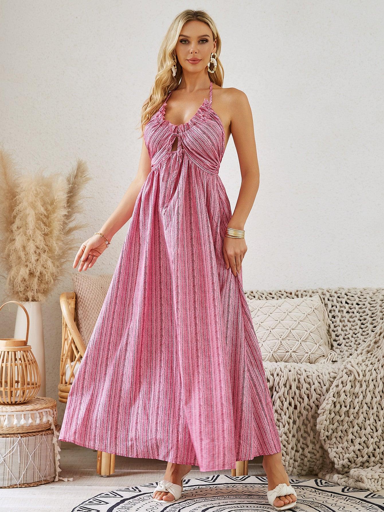 Bohemian Halter Maxi Dress - Women's Summer Sleeveless Flowy Beach Dress - MANDOTOS