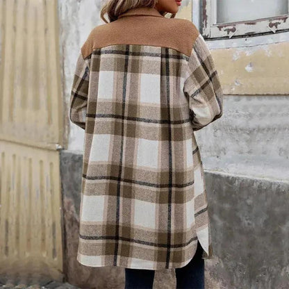 Brushed Plaid Long Coat with Pockets - Women's Winter Jacket - MANDOTOS