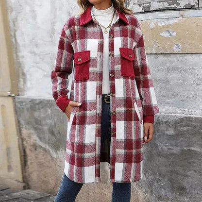 Brushed Plaid Long Coat with Pockets - Women's Winter Jacket - MANDOTOS