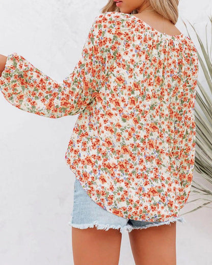 BTFBM Boho Chic Floral V-Neck Blouse - Orange Large - MANDOTOS