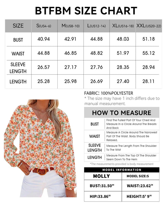 BTFBM Boho Chic Floral V-Neck Blouse - Orange Large - MANDOTOS