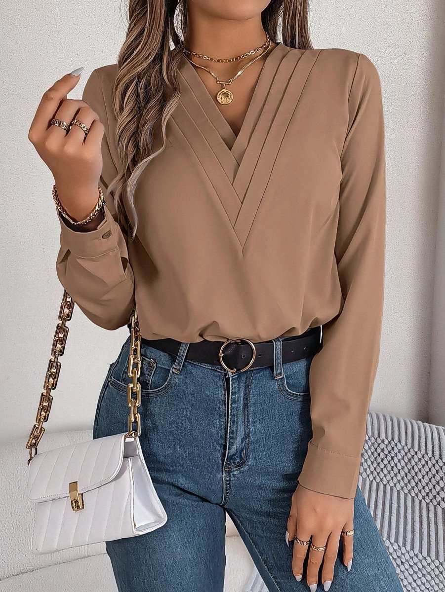 Fashion V - Neck Long Sleeve Shirt Elegant Commuter Solid Blouse Office Women's Clothing - MANDOTOS INTERNATIONAL0