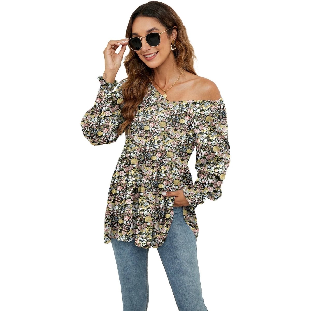 Long Puff Sleeve Tops Women Flowers Print Casual V - Neck Blouse T-Shirts Babydoll Tops - MANDOTOS INTERNATIONAL0