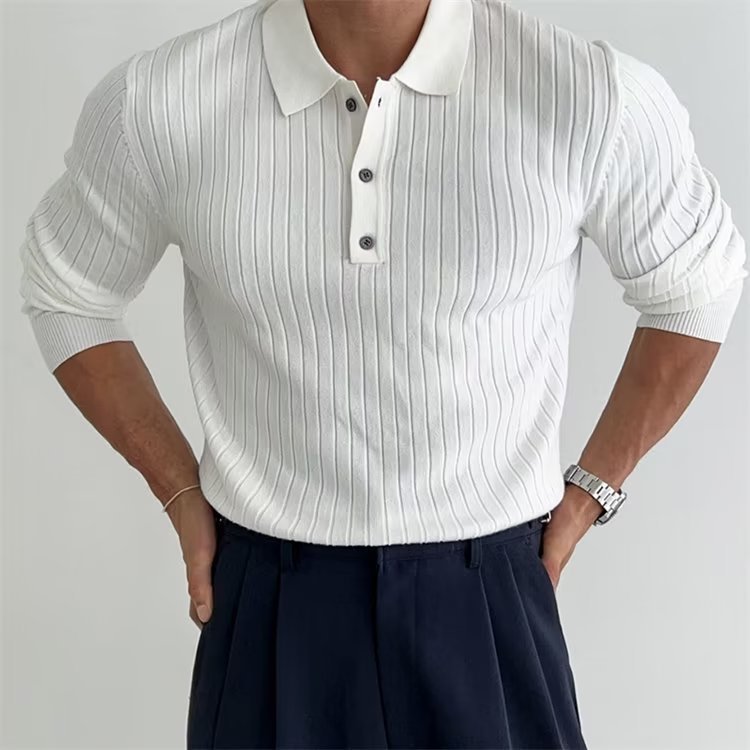 Lapel Button Long Sleeve Polo Shirt Slim Fashion Solid Striped Knitted Bottoming Shirt Top Men's Clothing - MANDOTOS