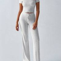 Crew Neck Short Sleeve Top & Full-Length Pants Set – Solid Color, 10 Colors