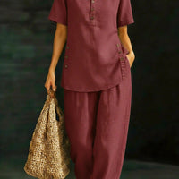Three-Quarter Sleeve Shirt & Wide-Leg Pants Two-Piece Set – Solid Color Casual