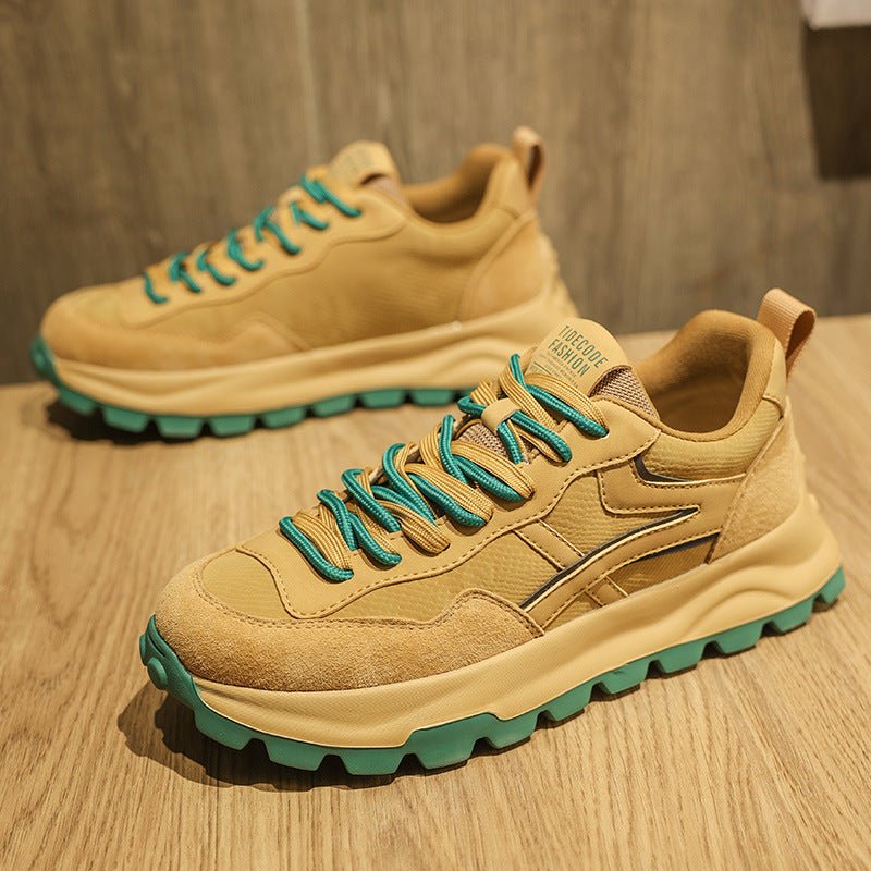 Ancient Energy tan casual dad sneakers with teal laces and teal outsole, 2 pairs