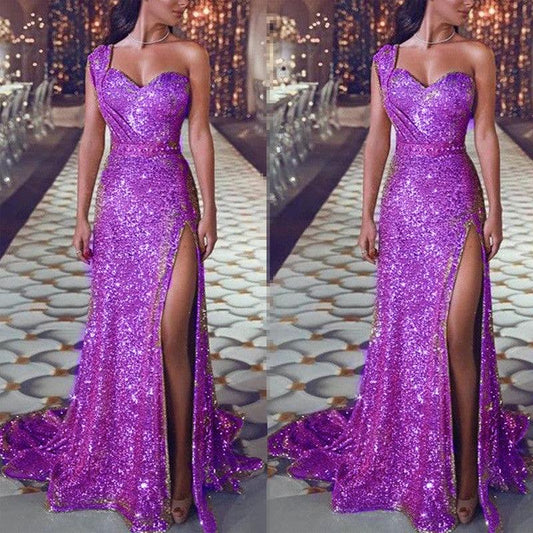 Women's Clothing One-shoulder Sleeveless Bronzing Split Dress MANDOTOS